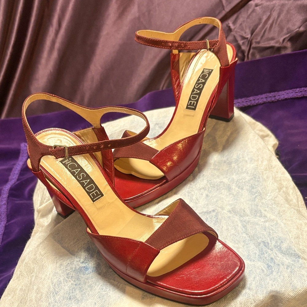 Casadei Red Strappy Block Heels Sz 9